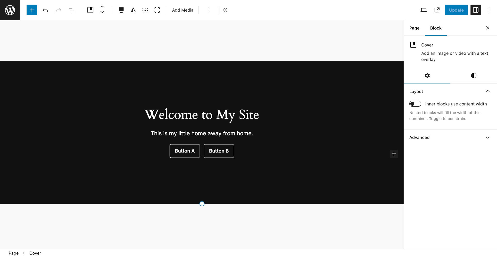 WordPress post editor with a "Welcome to My Site" message in white text with a black background. It is wrapped in a Cover block.