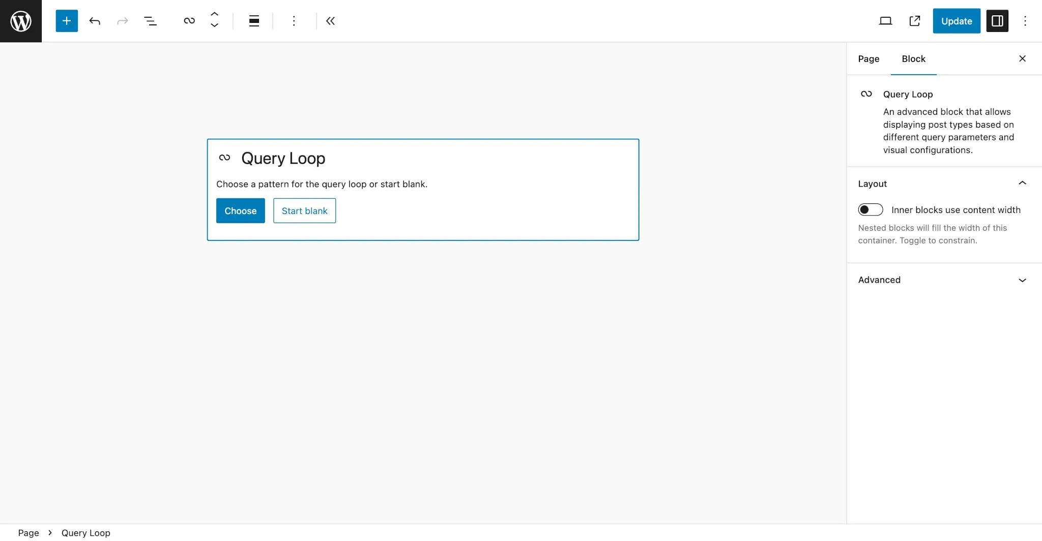 Query Loop block inserted into the WordPress block editor with the initial prompt to choose a pattern.