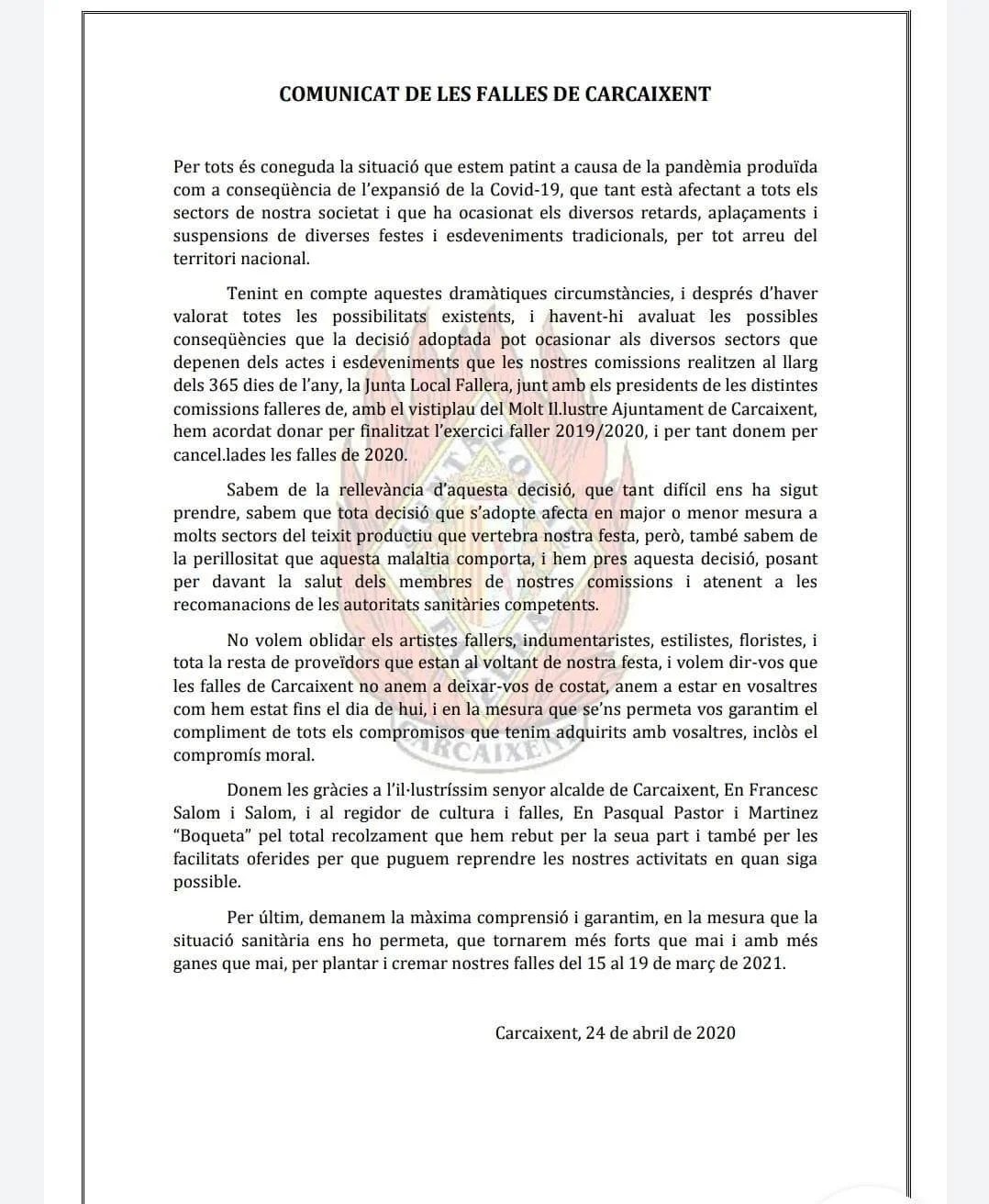 Comunicado Junta Local Fallera de Carcaixent - Don Falleret Comunicado Junta Local Fallera de Carcaixent - Don Falleret