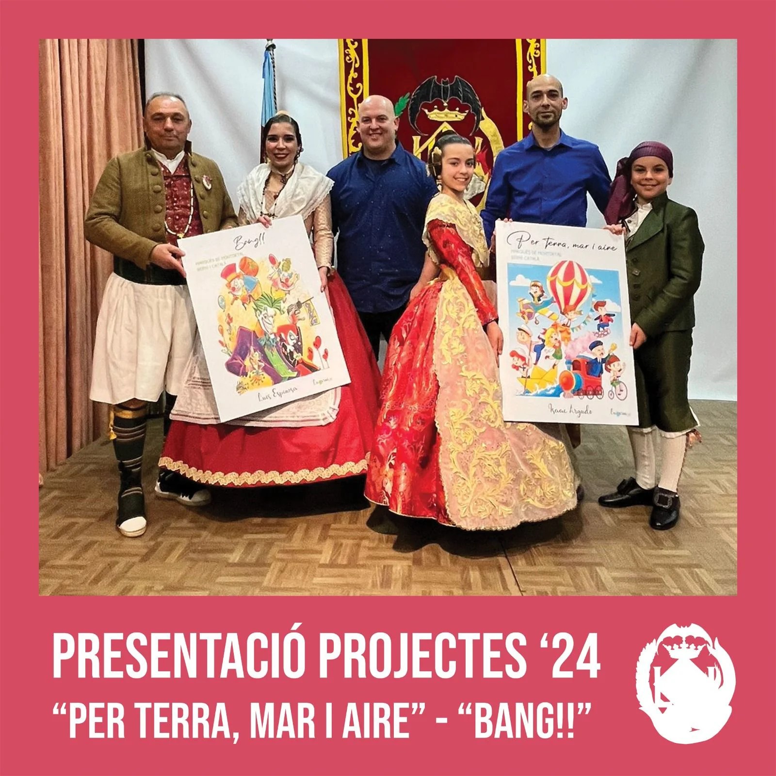 Falleras Mayores y Presidentes junto a los artistas y los bocetos de las Fallas 2024