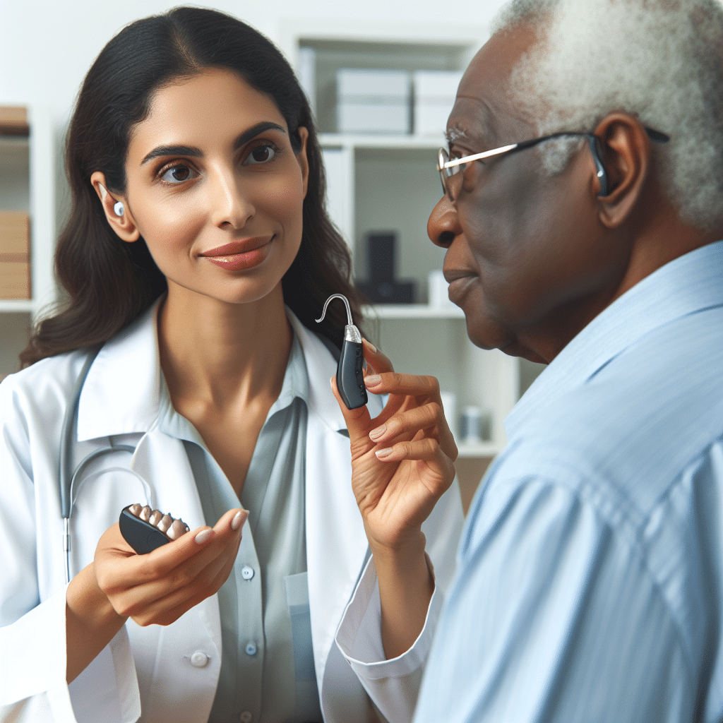 Doctor advising older patient on the best hearing aids for the patient\'s severe hearing loss