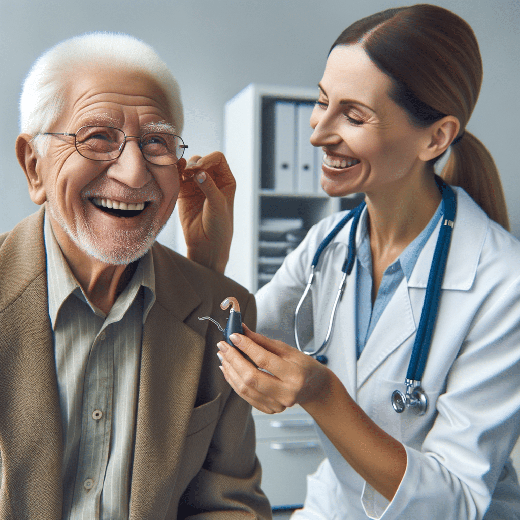 happy old patient purchasing new hearing aids from doctor. It is imperative that the doctor is not wearing hearing aids.
