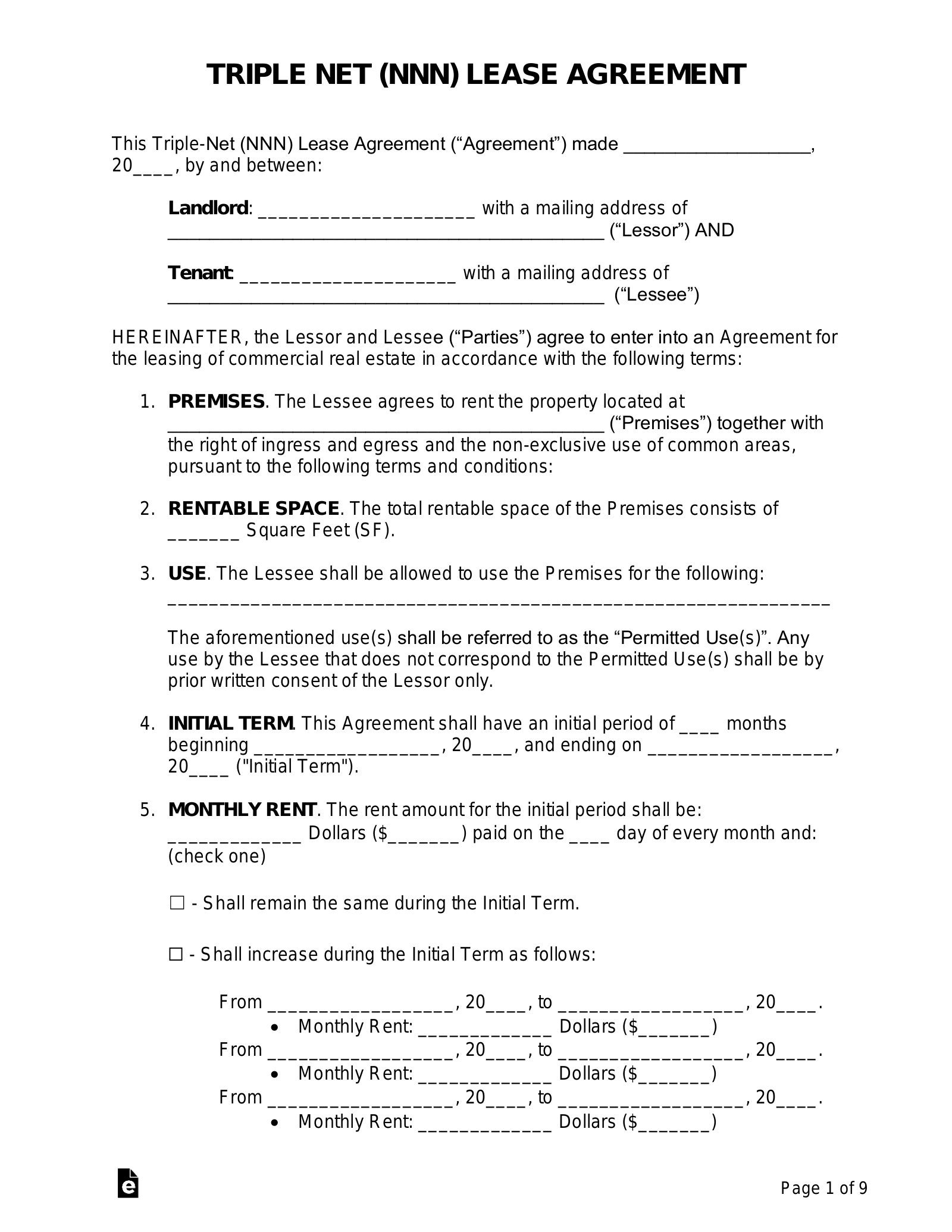 Free Triple Net Nnn Lease Agreement For Commercial Property Word Pdf Eforms