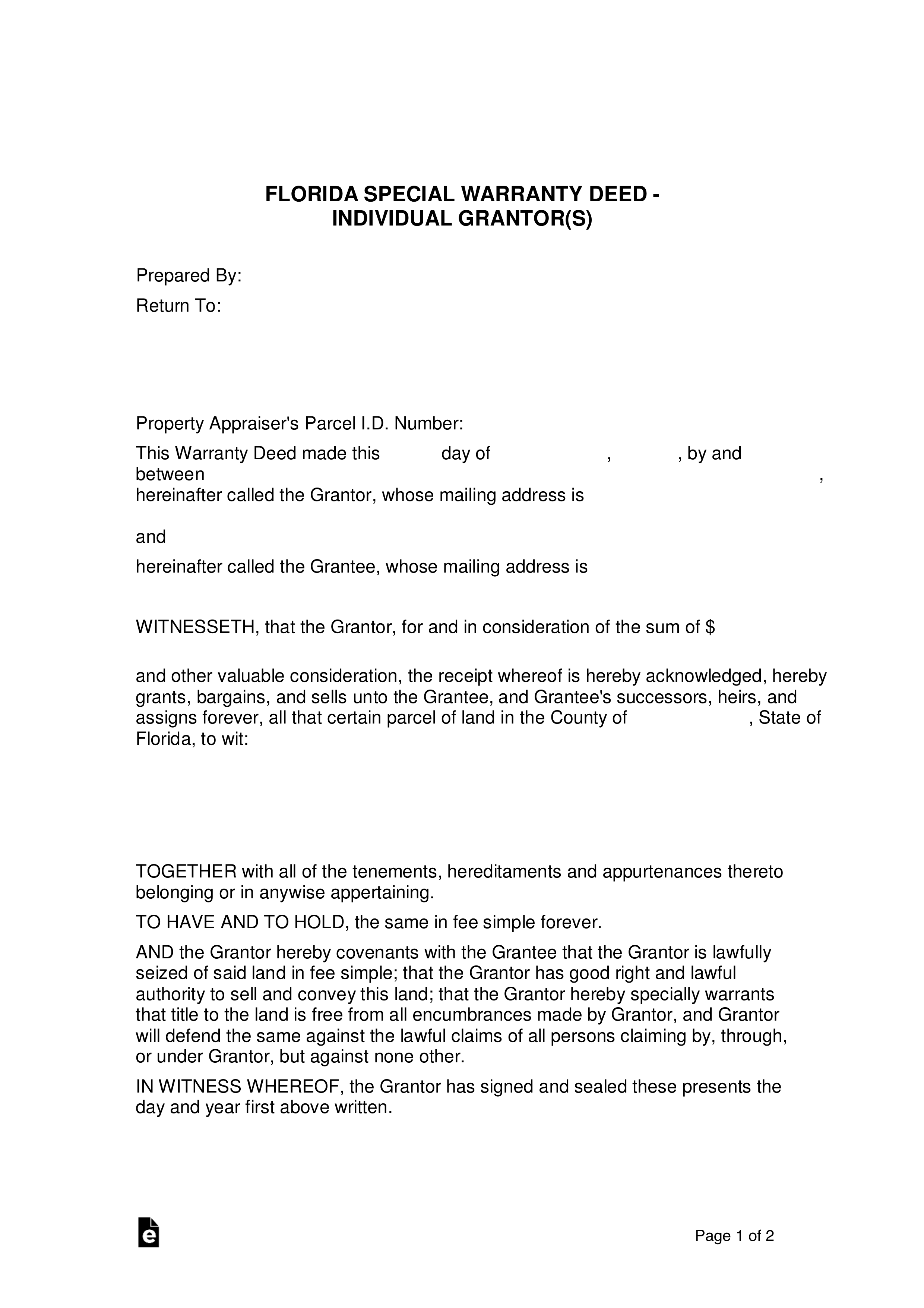 Free Florida Special Warranty Deed Form Pdf Eforms