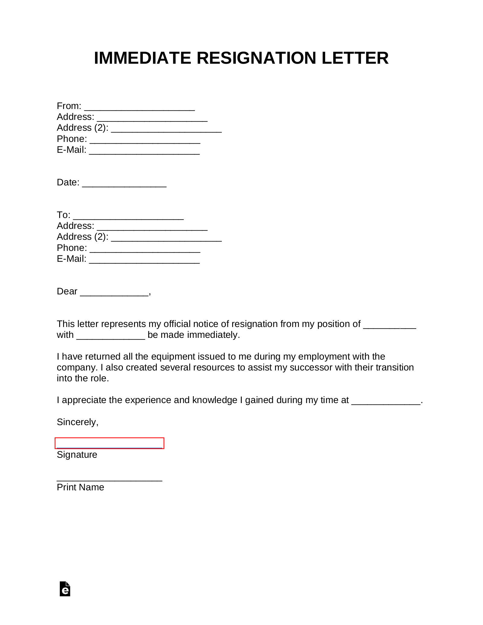 Free Immediate Letter Of Resignation Templates Samples Word Pdf Eforms