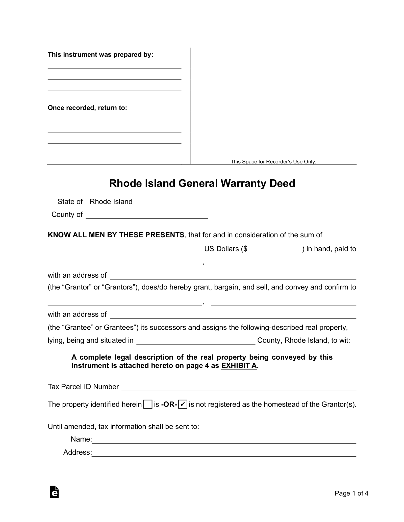 Free Rhode Island General Warranty Deed Form Pdf Word Eforms