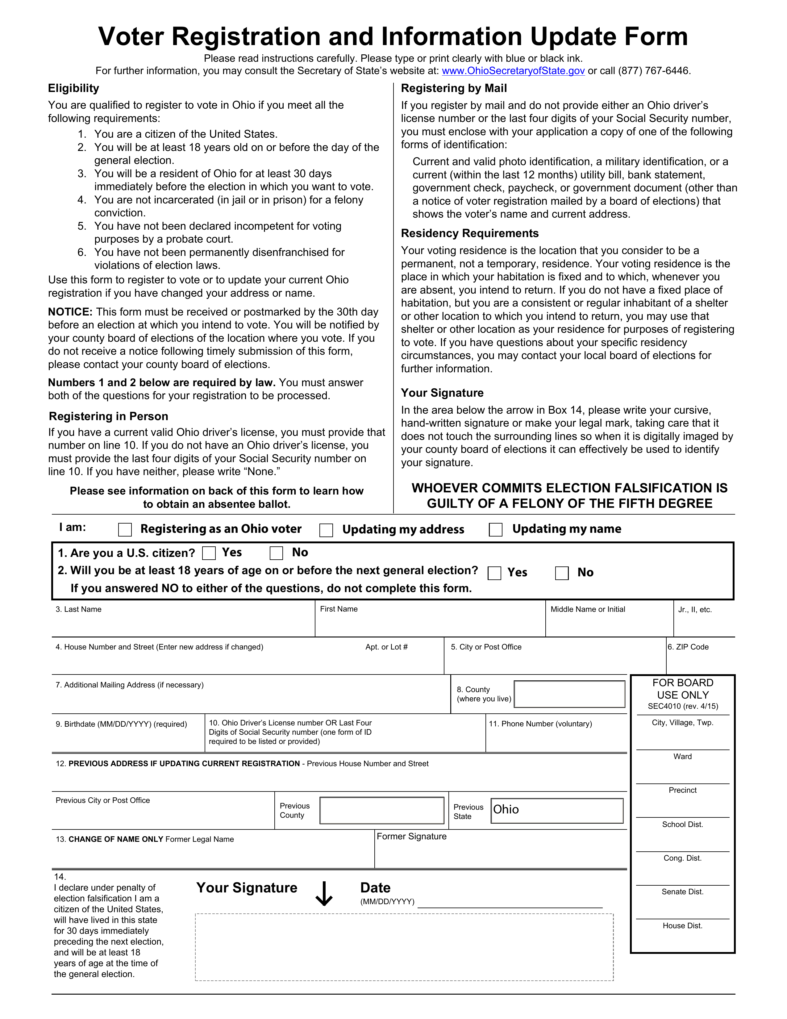Free Ohio Voter Registration Form Register To Vote In Oh Pdf Eforms