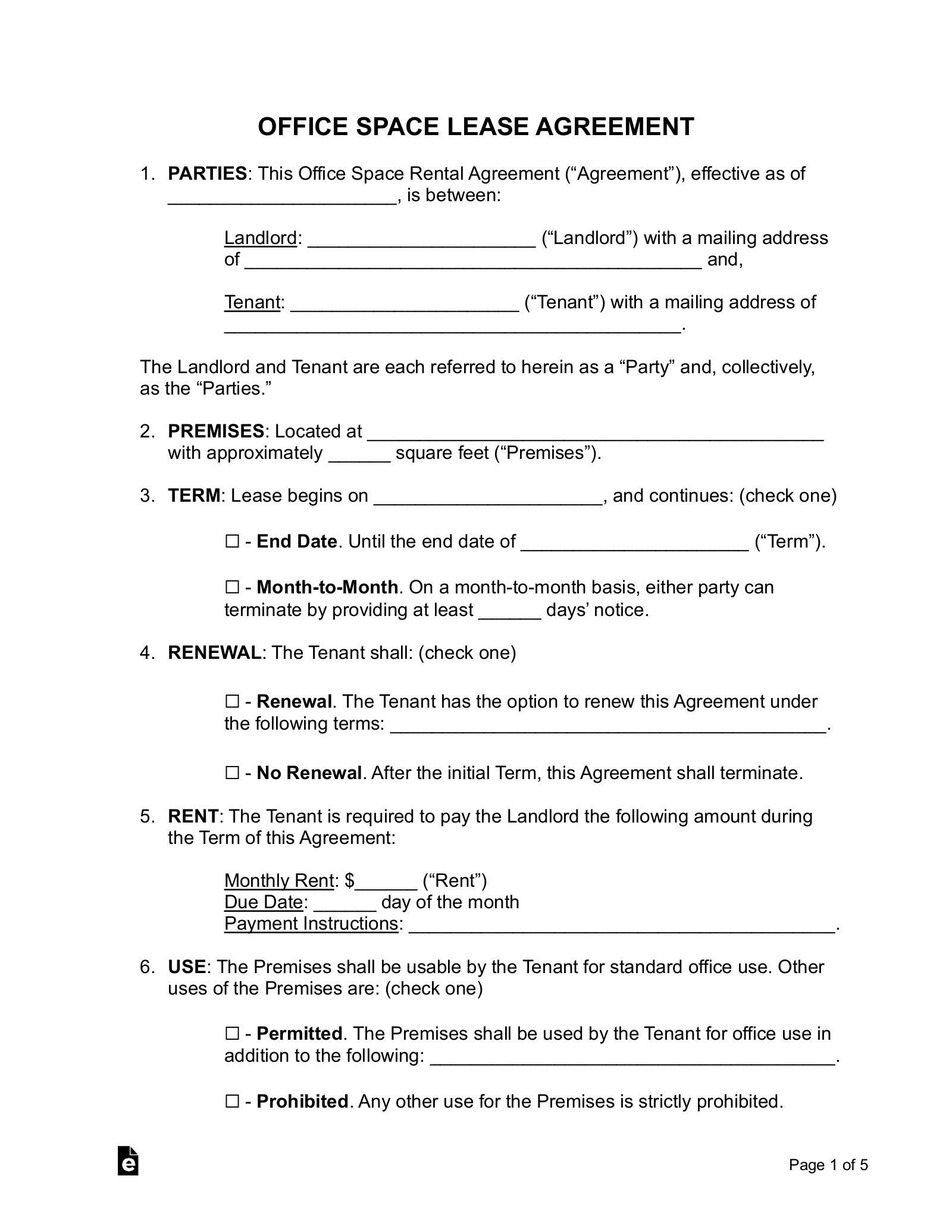 Free Office Space Lease Agreement Word Pdf Eforms