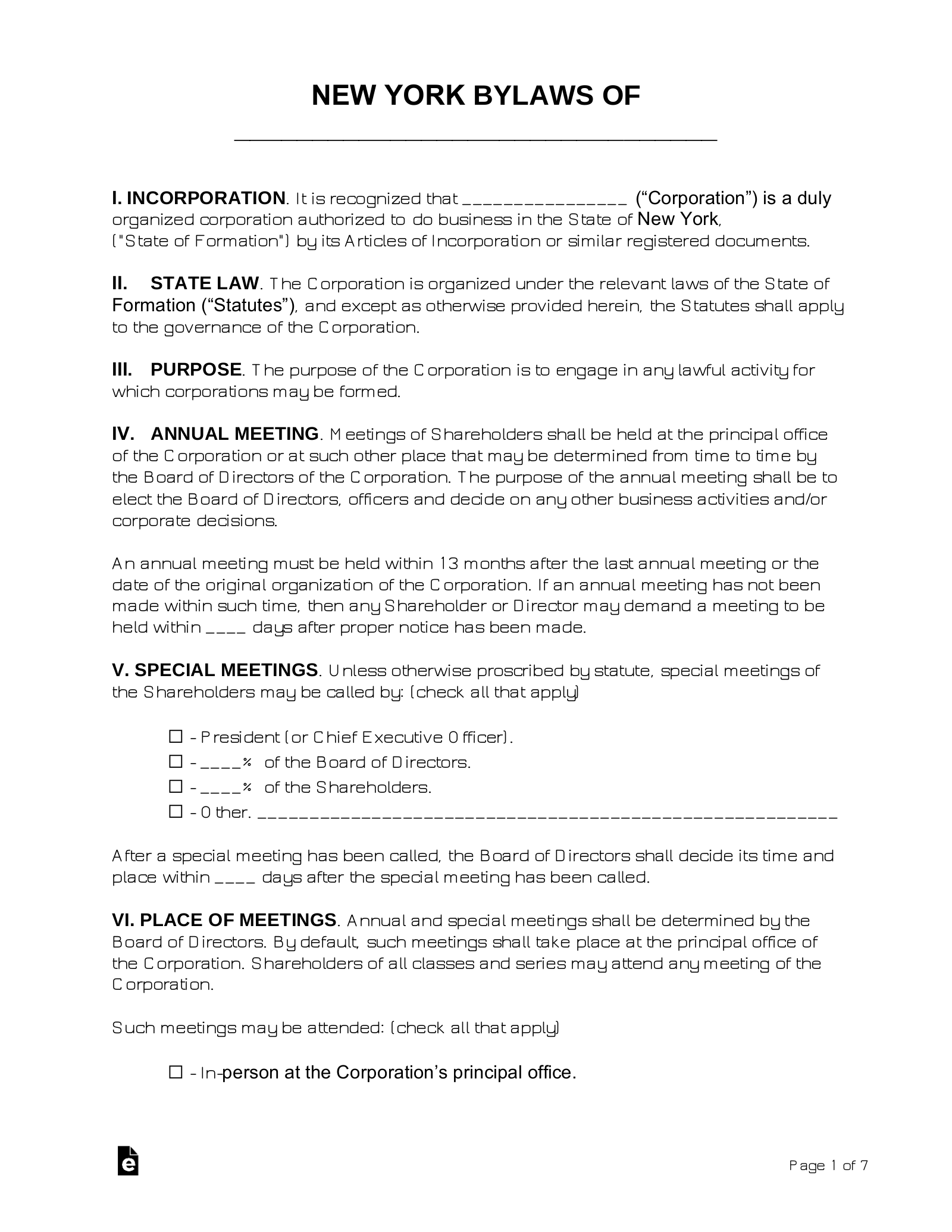 Free New York Corporate Bylaws Template Pdf Word Eforms