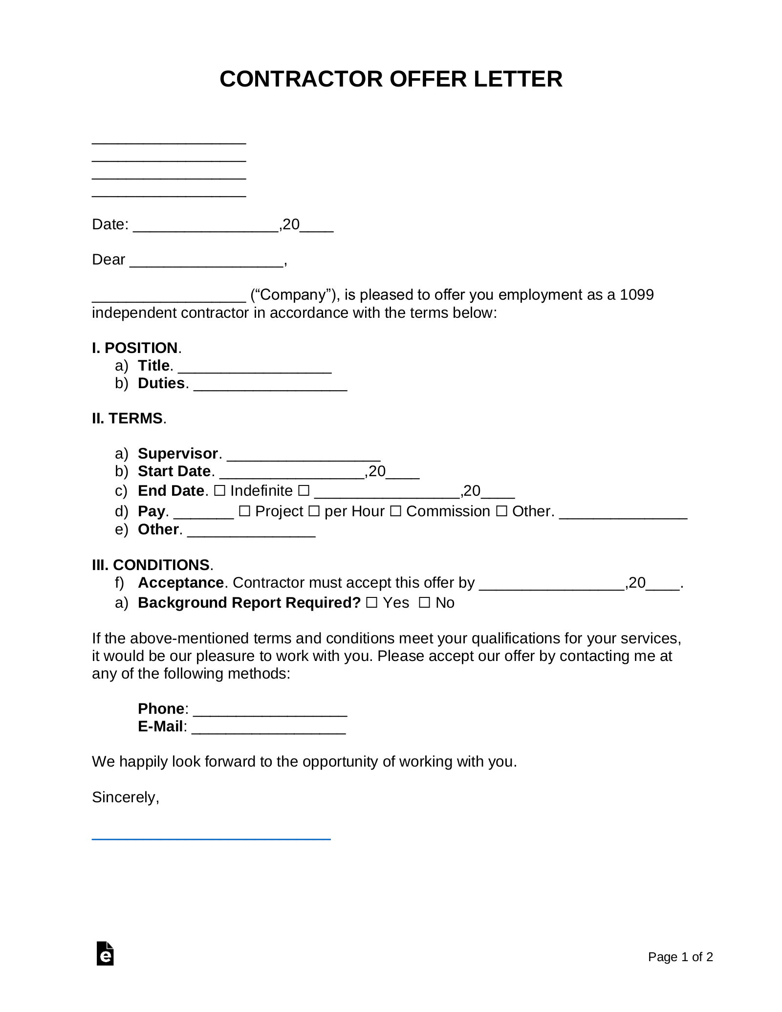 Free Independent Contractor 1099 Offer Letter Template Sample Word Pdf Eforms