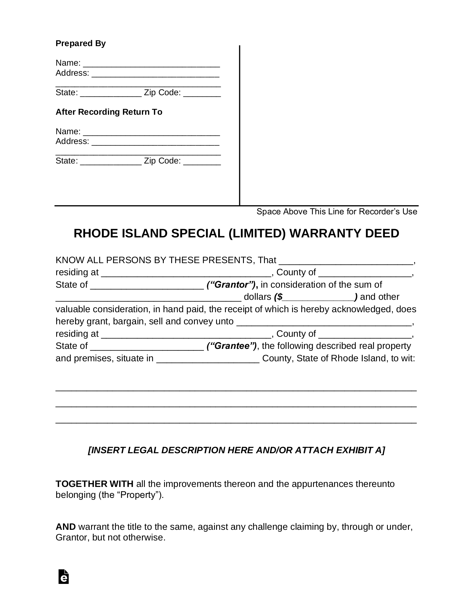 Free Rhode Island Special Warranty Deed Form Pdf Word Eforms