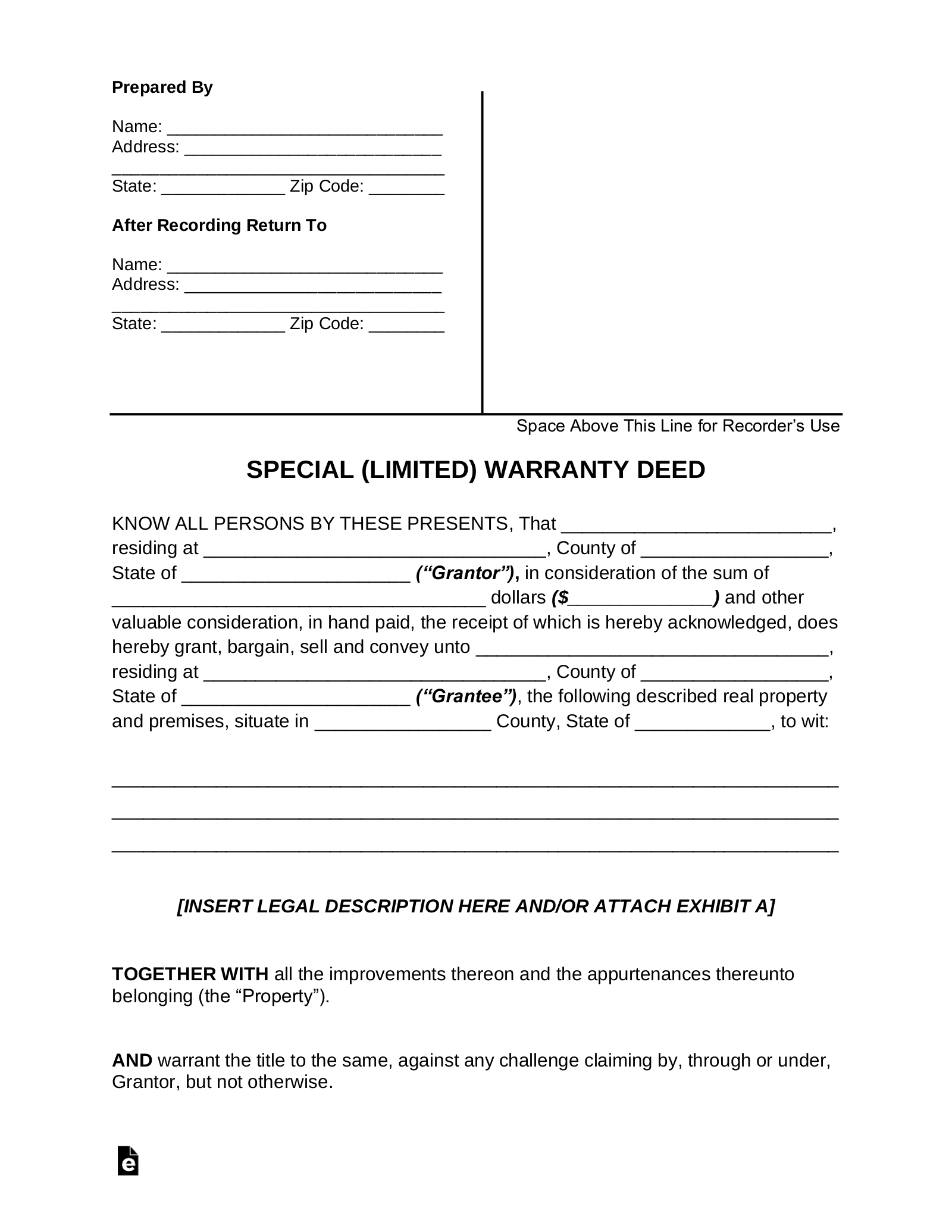 Free Special Warranty Deed Form Pdf Word Eforms