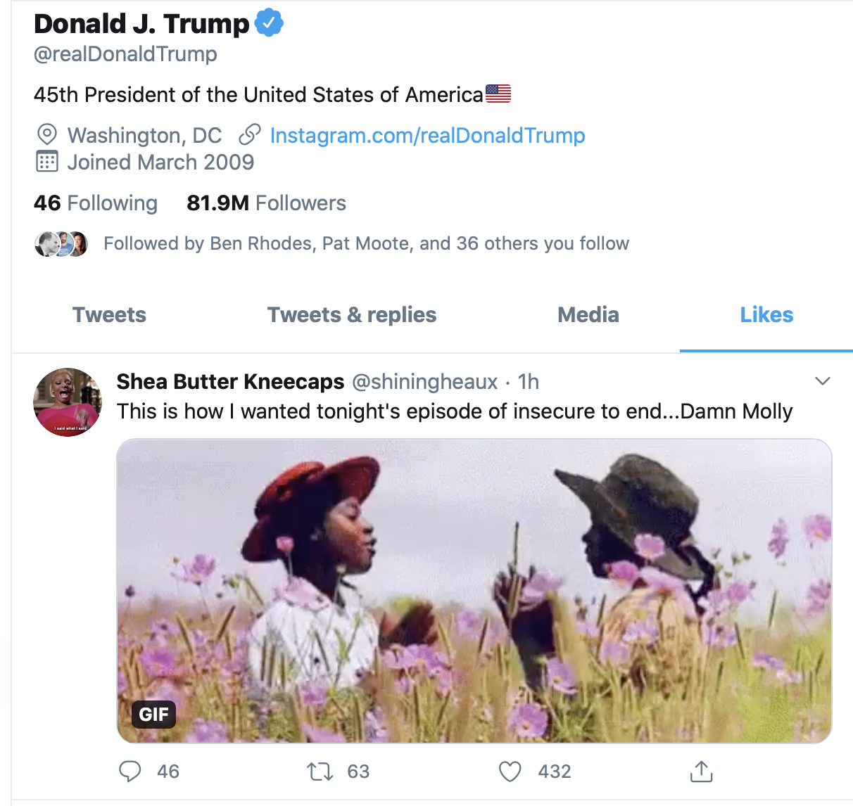 Trump's liked tweets on Twitter