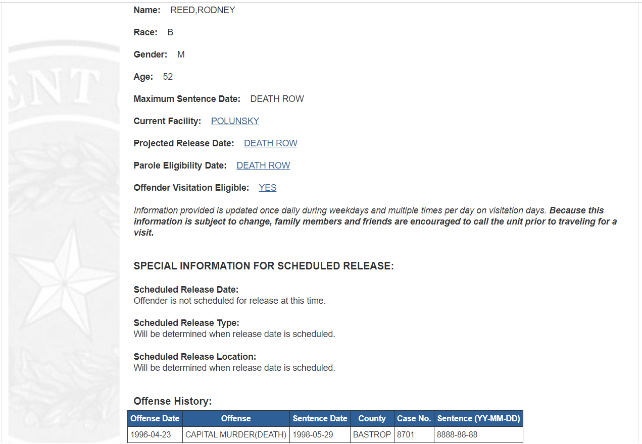 Rodney Reed prison record
