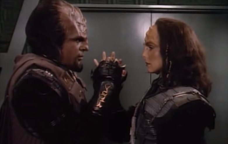 Michael Dorn as Worf and Suzie Plakson as K'Ehleyr in Star Trek The Next Generation
