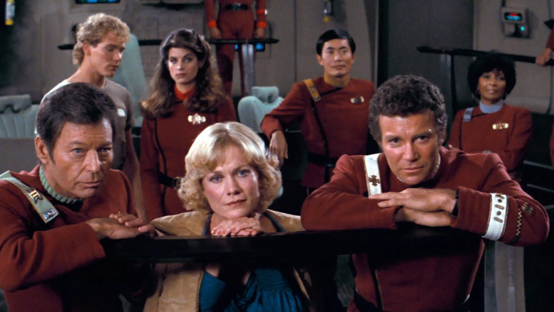 Kirk and crew gathered on the bridge at the end of Star Trek II.