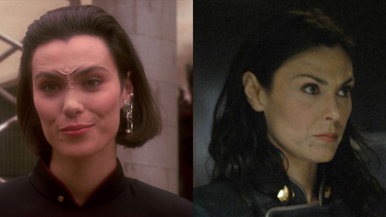 Michelle Forbes as Ensign Ro (left) and Admiral Cain (right).