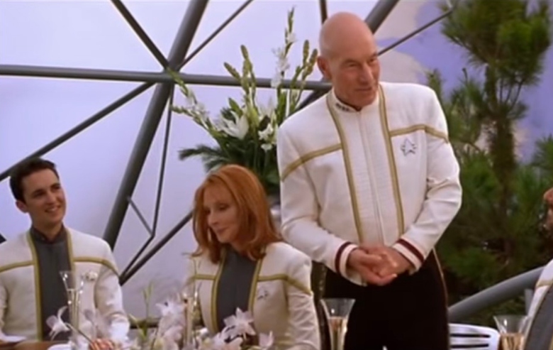 Wil Wheaton as Wesley Crusher, Gates McFadden as Beverly Crusher, and Patrick Stewart as Captain Jean-Luc Picard in "Star Trek: Nemesis"