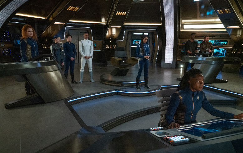 Mary Wiseman as Ensign Tilly, Ian Alexander as Gray, Wilson Cruz as Dr. Hugh Culber, Sonequa Martin-Green as Commander Burnham, Oyin Oladejo as Lt. Joann Owosekun, David Ajala as Book and Kenneth Mitchell as Aurellio of the CBS All Access series STAR TREK: DISCOVERY