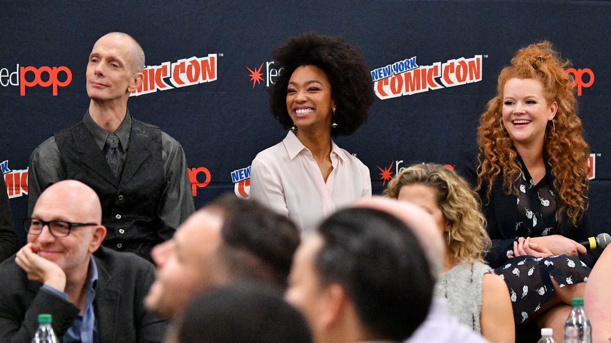 Doug Jones, Sonequa Martin-Green and Mary Wiseman speak onstage during the Star Trek: Discovery panel during 2017 New York Comic Con