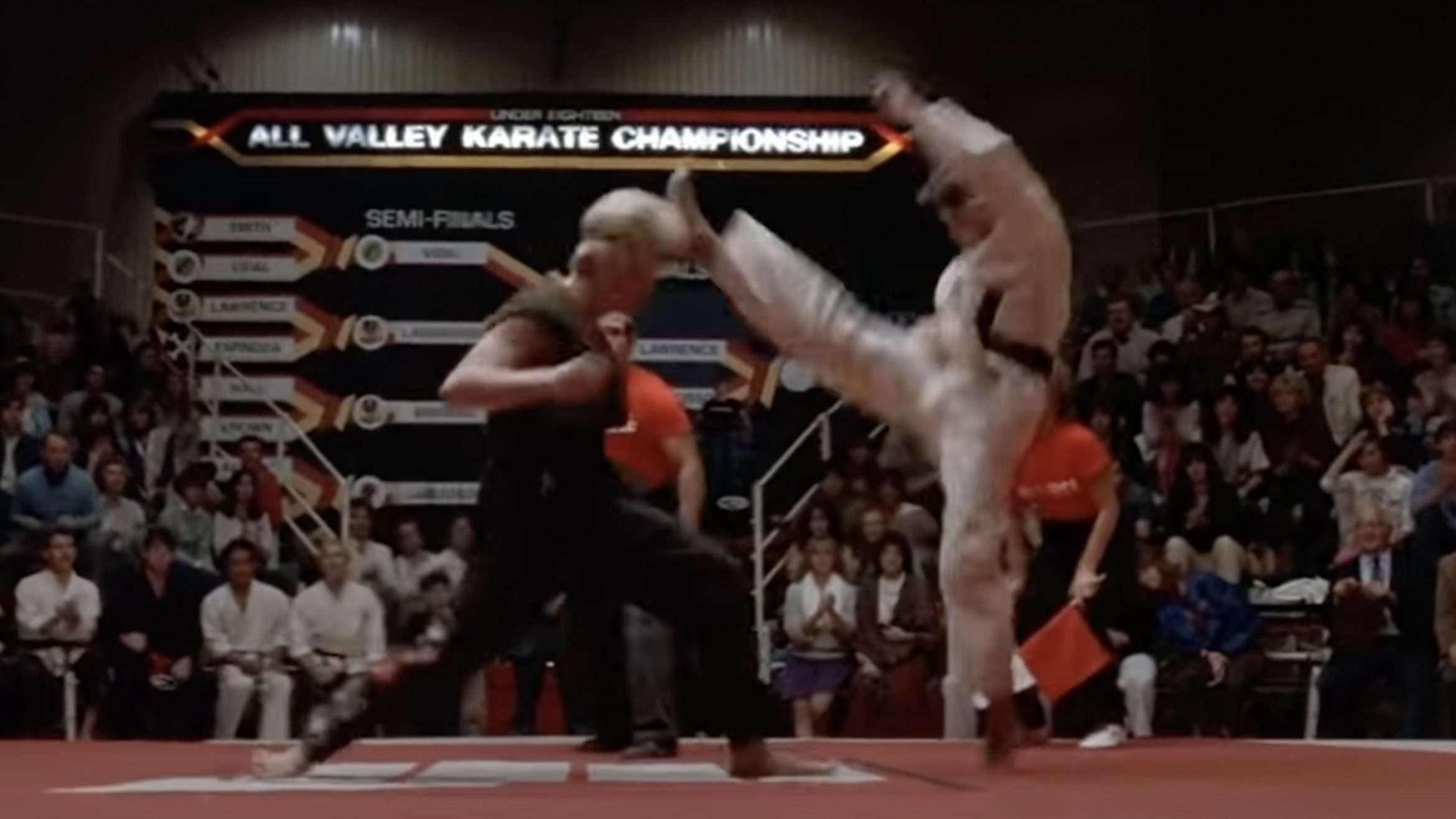 Daniel LaRusso crane kicks Johnny Lawrence in "The Karate Kid"