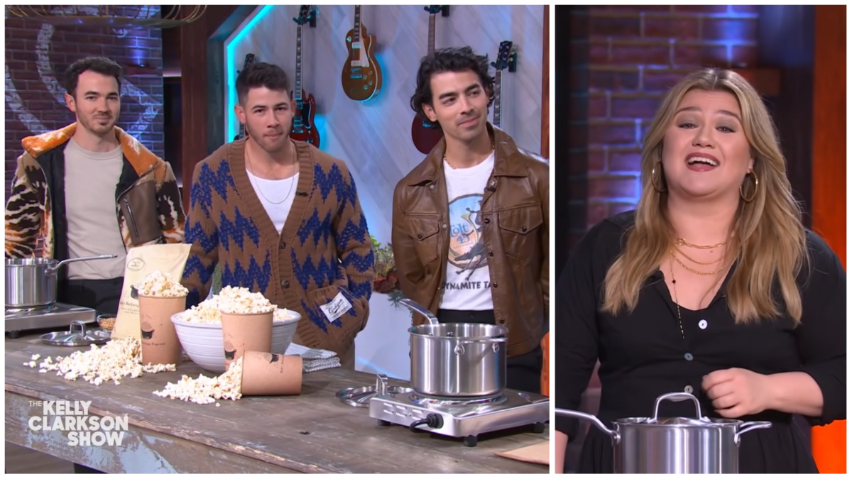 The Jonas Brothers make popcorn with Kelly Clarkson