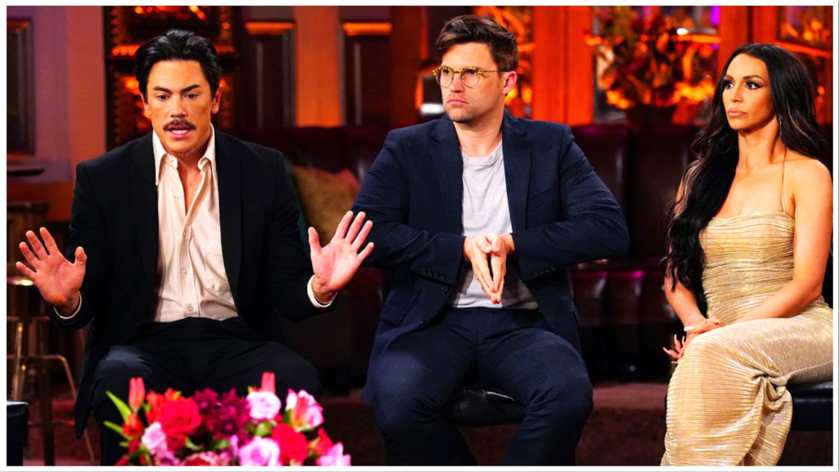 Tom Sandoval, Tom Schwartz, and Scheana Shay at the "Vanderpump Rules" season 10 reunion.