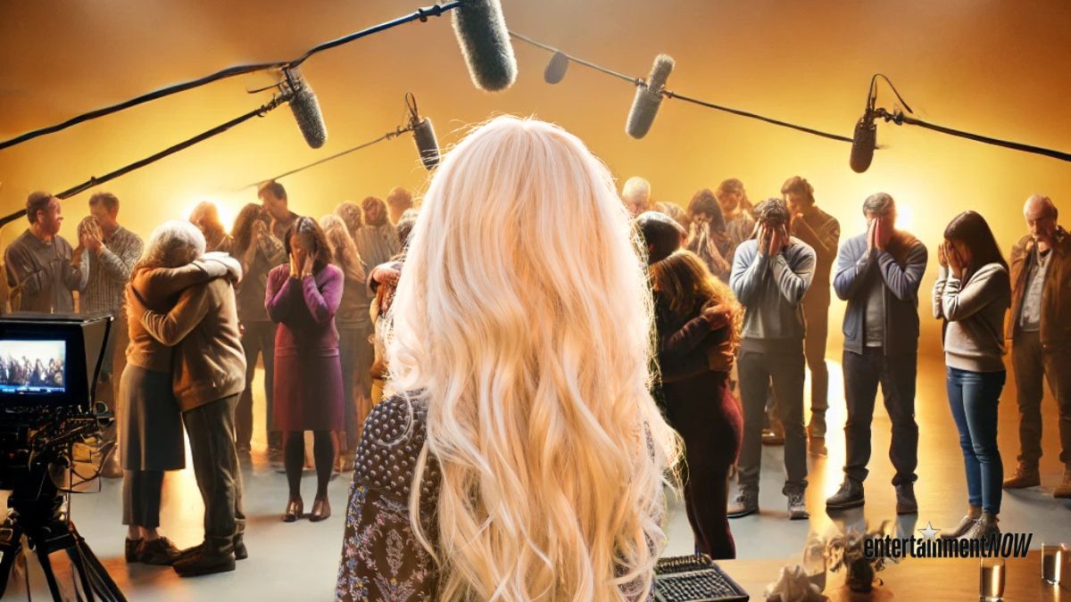 A blond woman in a crowd.