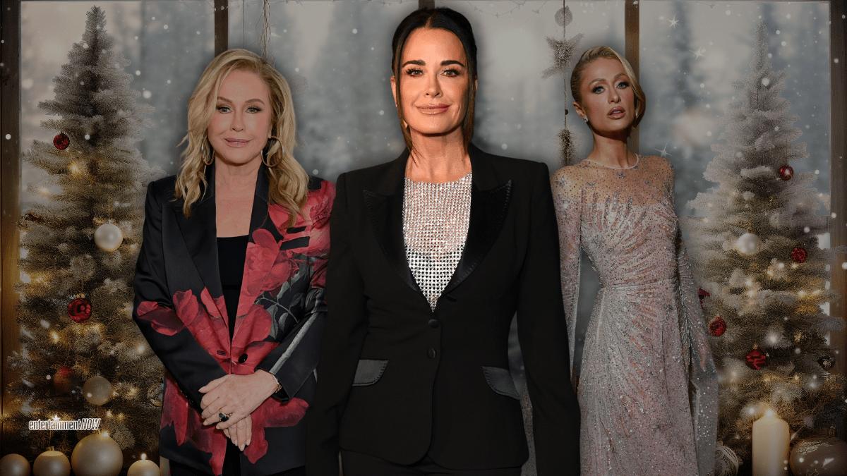 Kathy Hilton, Kyle Richards and Paris Hilton stand in front of two Christmas trees.