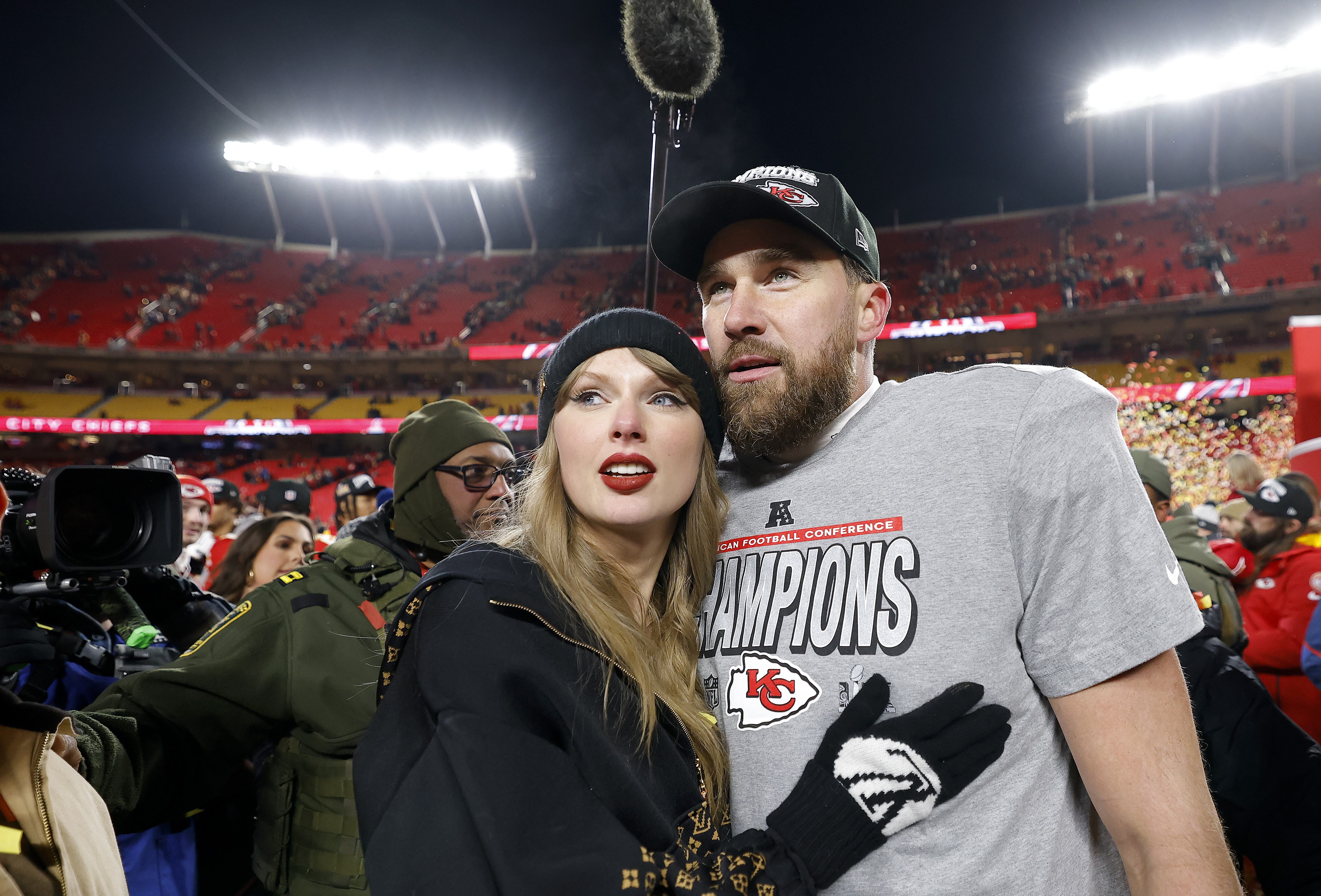Taylor Swift and Travis Kelce celebrating his most recent AFC Championship.