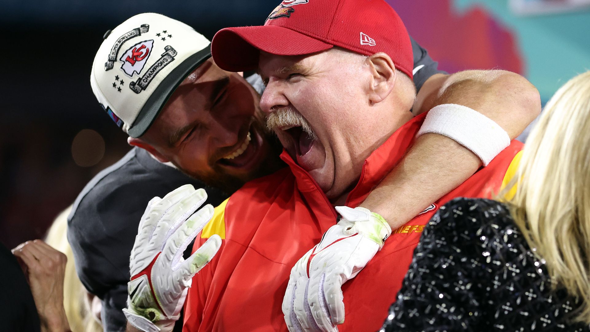 Travis Kelce and Andy Reid celebrate at the Super Bowl
