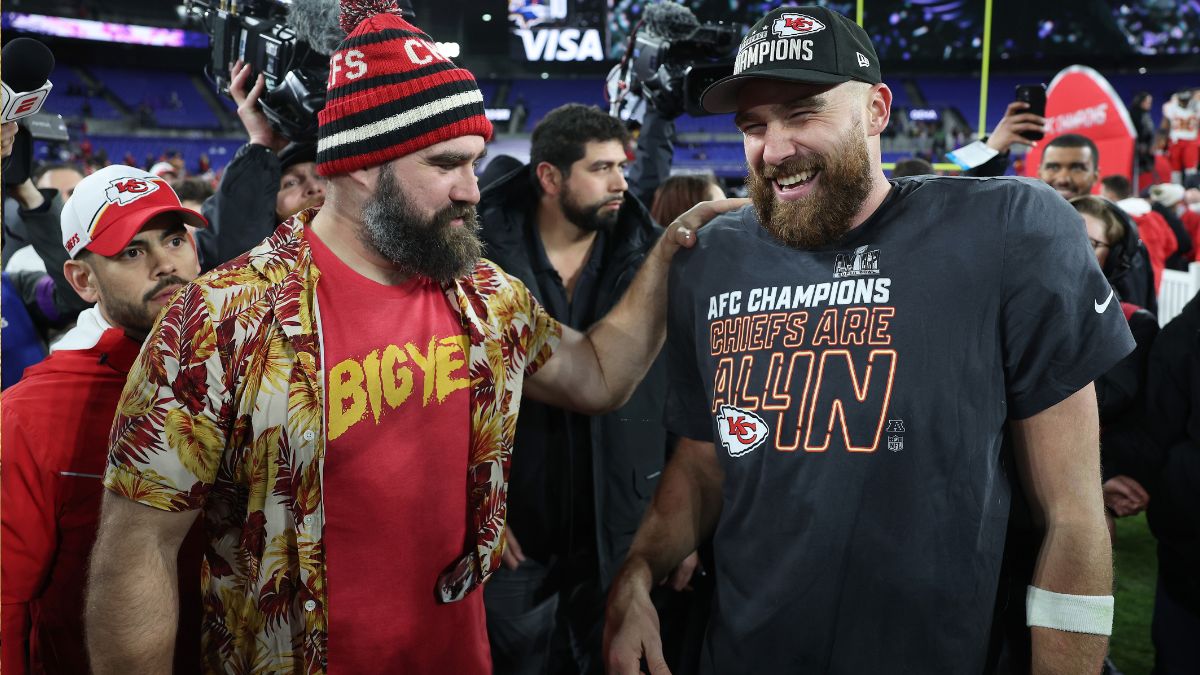 Jason Kelce and Travis Kelce celebrating the Kansas City Chiefs AFC Championship