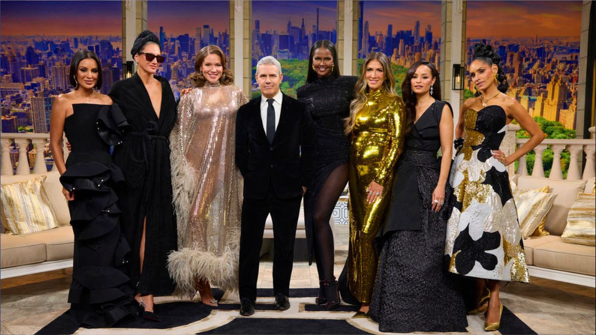 The cast of season 15 of RHONY with Bravo boss Andy Cohen
