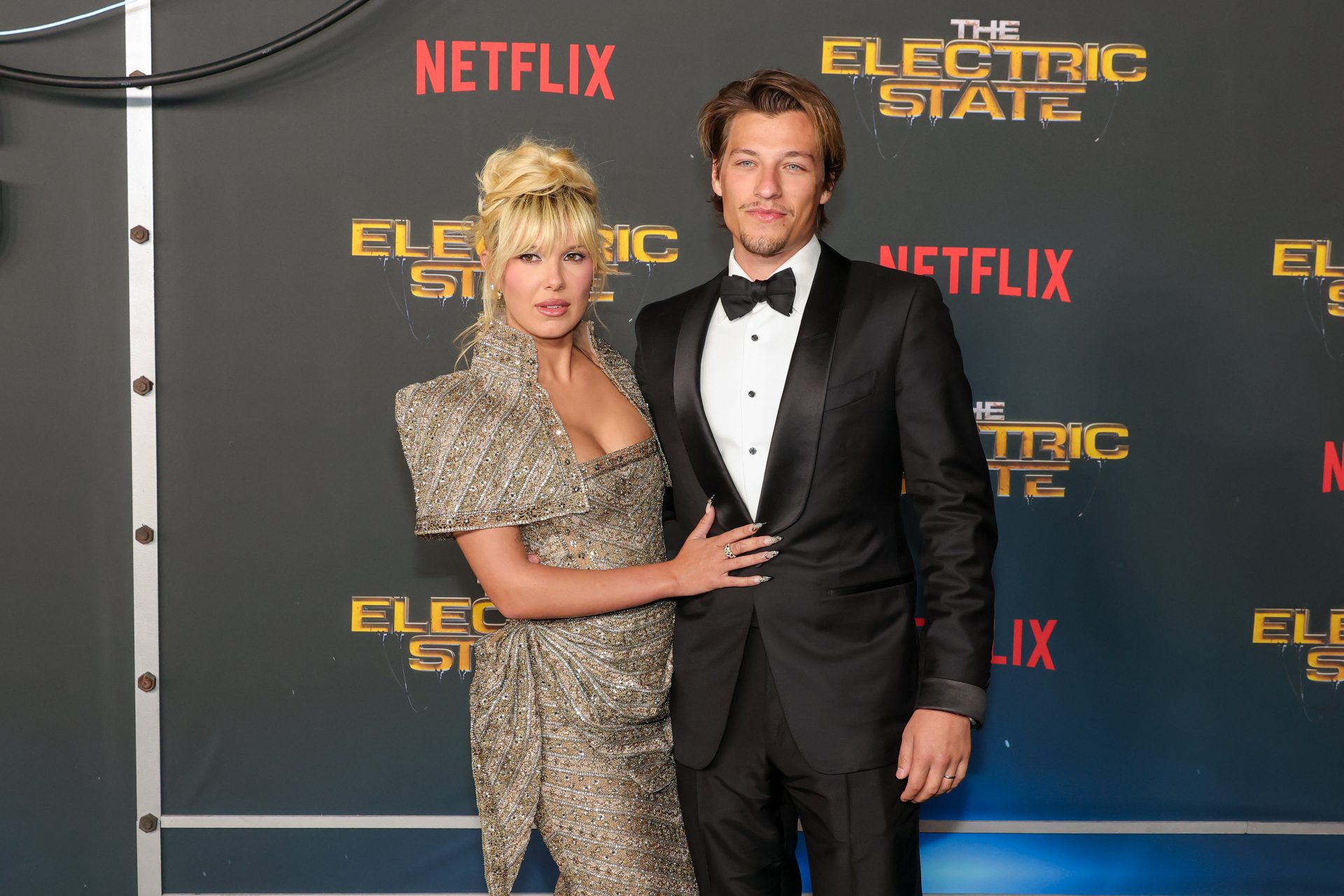 Millie Bobby Brown and Jake Bongiovi attend the world premiere of Netflix's "The Electric State" at The Egyptian Theatre Hollywood on February 24, 2025.