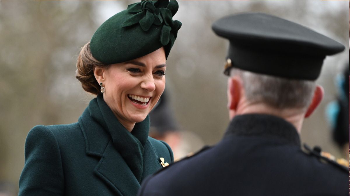 Kate Middleton with Major General Sir Chris Ghika Regimental Lieutenant Colonel during the 2025 Irish Guards' St. Patrick's Day Parade at Wellington Barracks on March 17, 2025