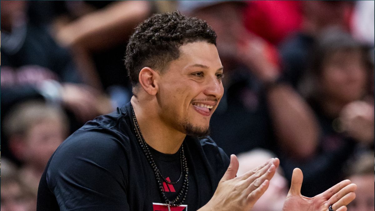 Patrick Mahomes cheers on during the first half of the game between the Houston Cougars and the Texas Tech Red Raiders at United Supermarkets Arena on February 24, 2025 in Lubbock, Texas