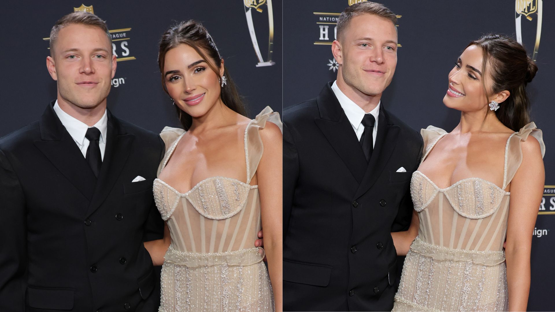 Christian McCaffrey and Olivia Culpo attend the 12th annual NFL Honors at Symphony Hall on February 09, 2023.