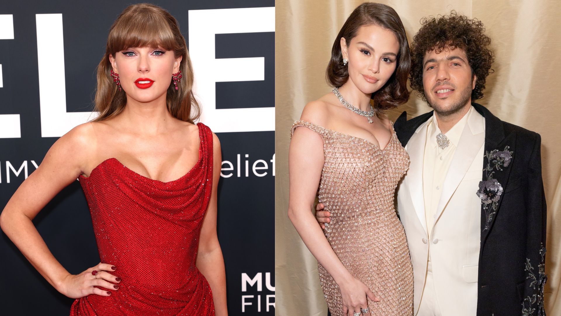 Side by side collage of Taylor Swift and Selena Gomez with Benny Blanco