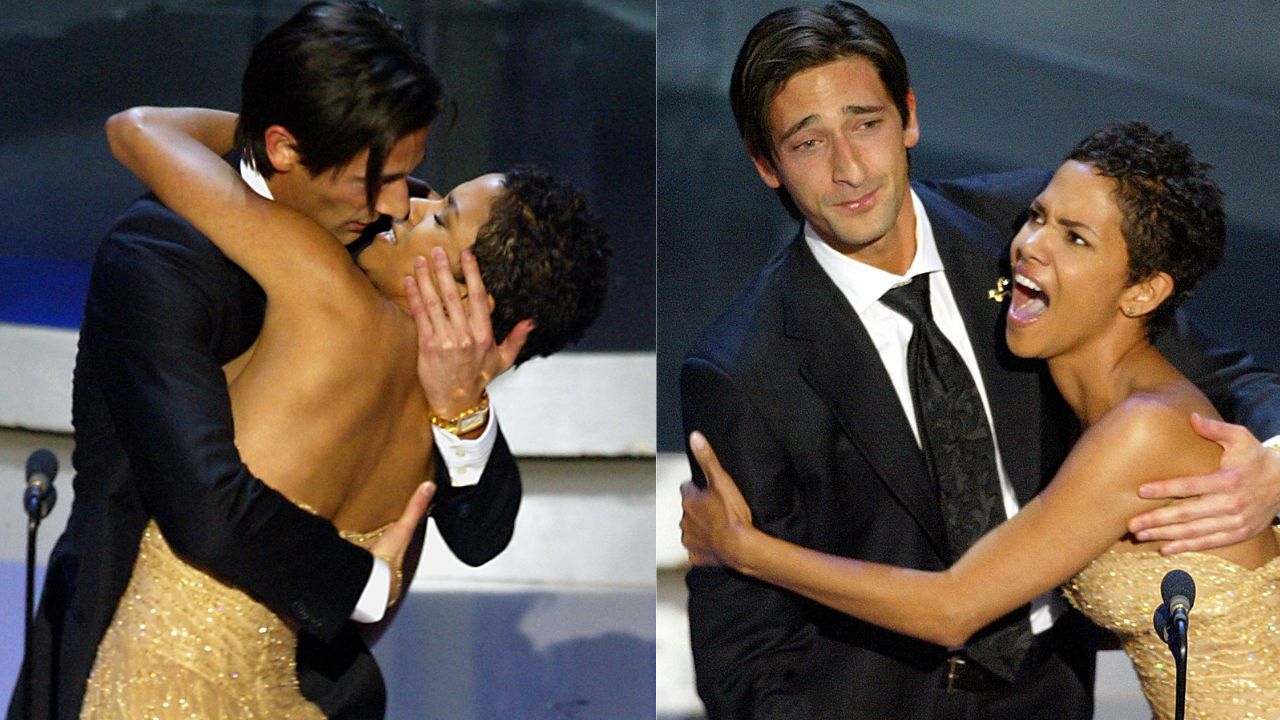Adrien Brody surprises Halle Berry with a kiss after winning an Oscar for best actor