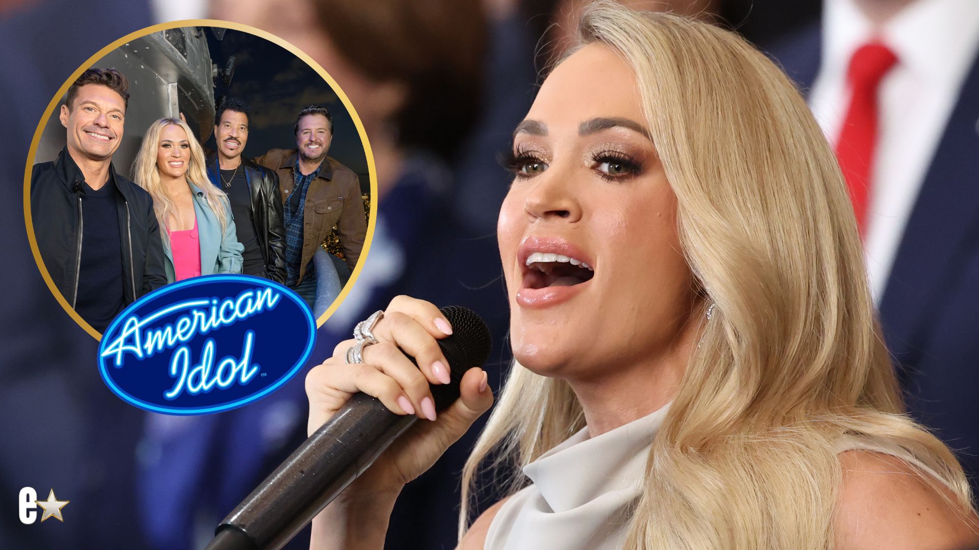 Carrie Underwood; Inset: Ryan Seacrest, Underwood, Lionel Richie, and Luke Bryan