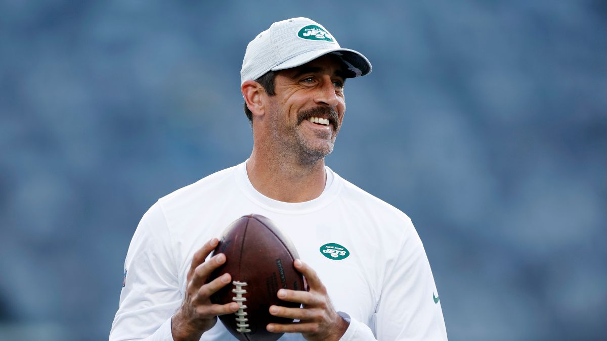 Aaron Rodgers #8 of the New York Jets throws the ball during warmups before the first half of a preseason game against the Tampa Bay Buccaneers at MetLife Stadium on August 19, 2023 in East Rutherford, New Jersey