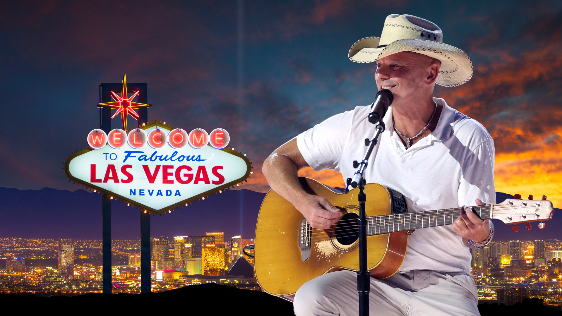 Kenny Chesney playing guitar next to the Las Vegas Sign