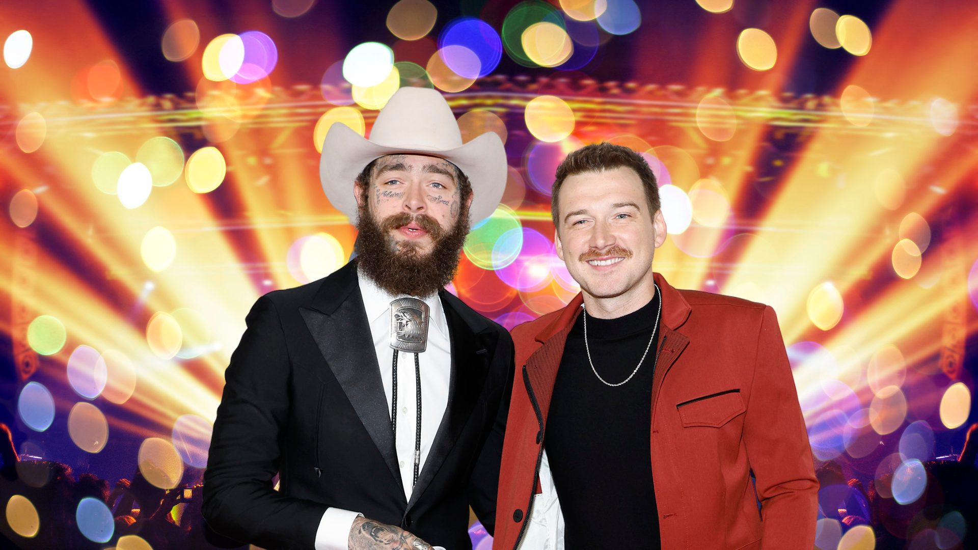 Post Malone and Morgan Wallen pose in front of a colorful background.