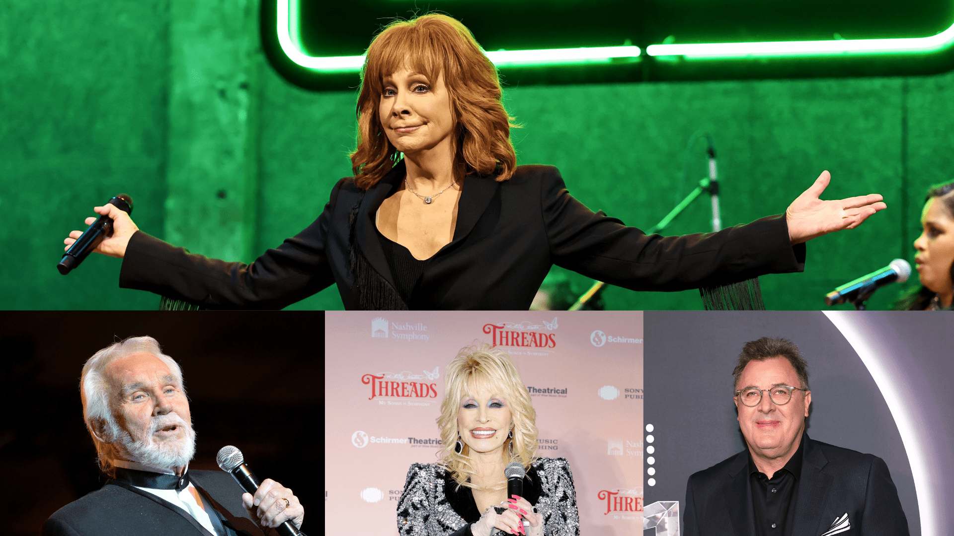 Reba McEntire, Kenny Rogers, Dolly Parton, and Vince Gill posing