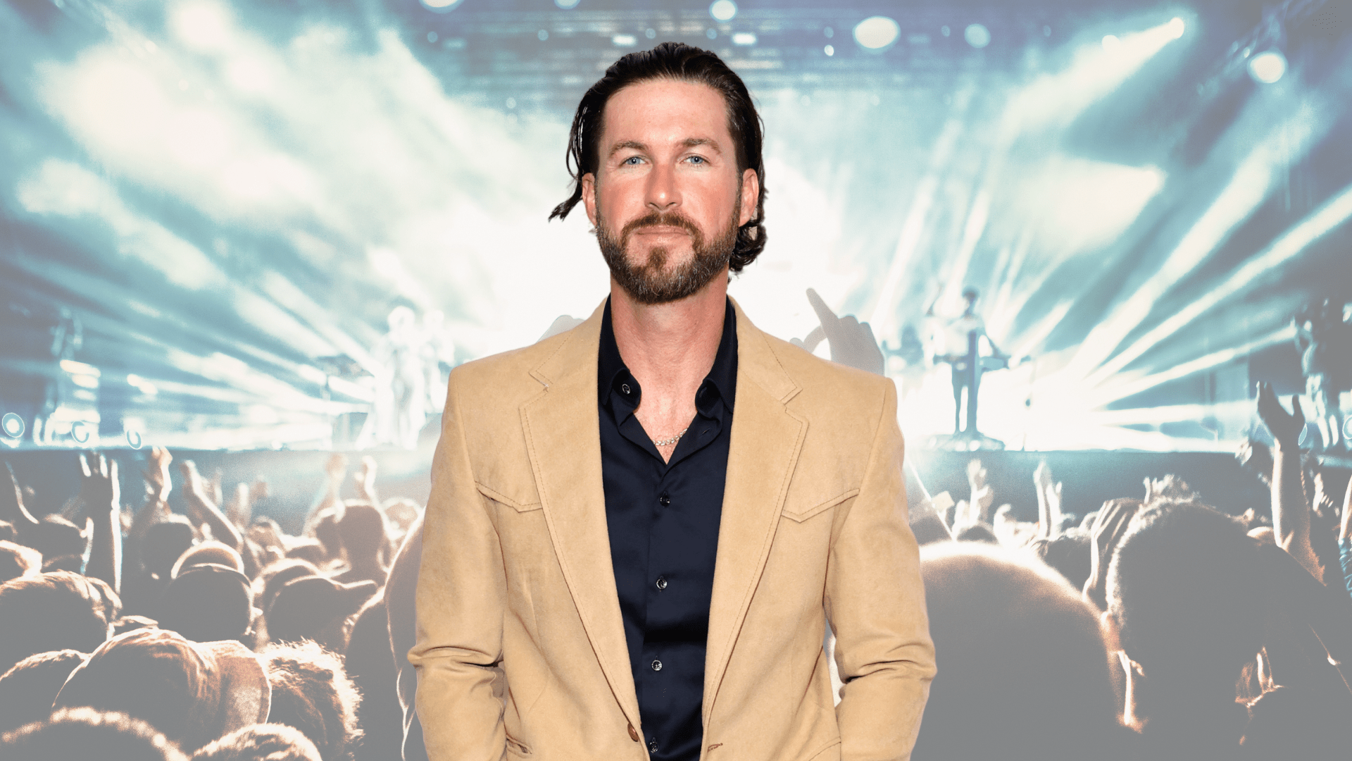 Riley Green wearing a tan suit