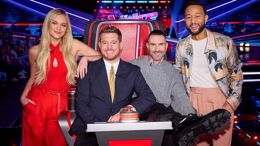 John Legend, Michael Bublé, Kelsea Ballerini, and Adam Levine on "The Voice"