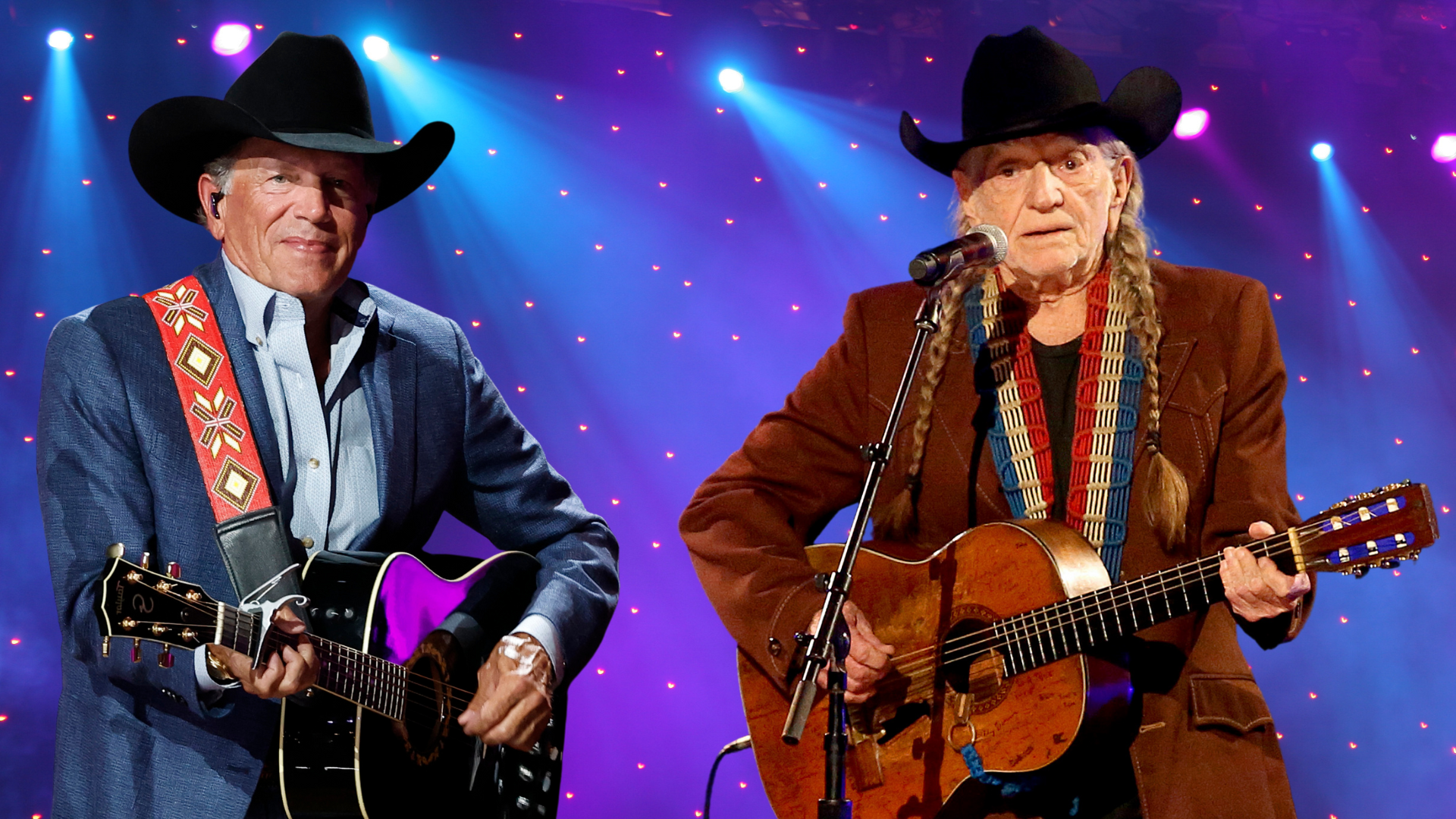 Willie Nelson and George Strait play guitar