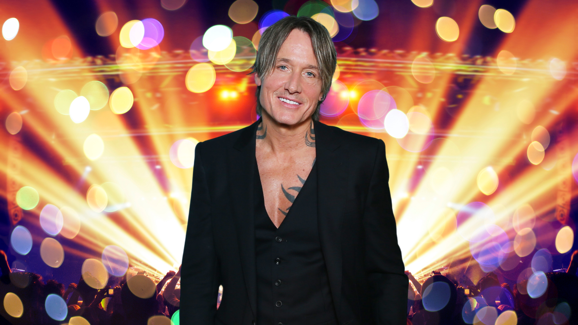 Keith Urban posing in front of colorful lights