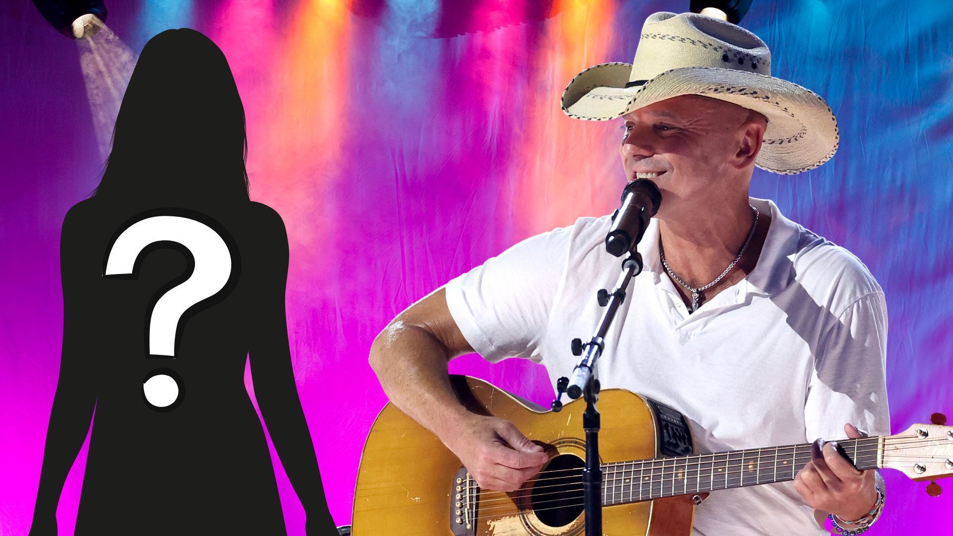 Kenny Chesney playing guitar next to a mystery woman