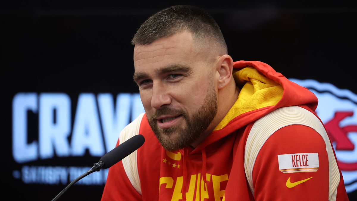 Travis Kelce talks to the media during a Kansas City press conference